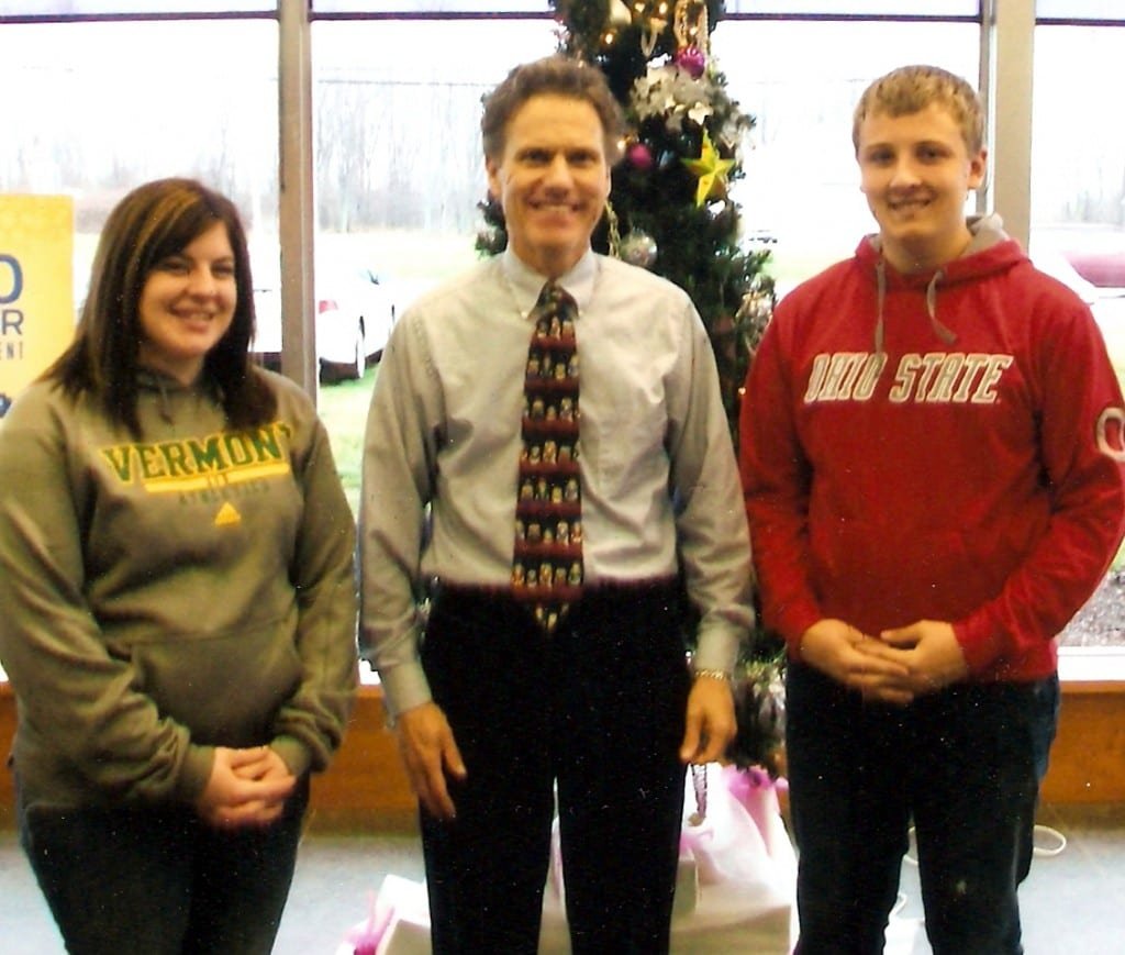 SCHOLARSHIP RECIPIENTS … 2012 Edon FFA graduates Gabby Siebenaler and Payton Muehlfeld have each been awarded a $1,000 Scholarship from the Ford Trucks/Built Ford Tough – FFA Scholarship Program. Gabby currently attends the University of Vermont while Payton is continuing his education at The Ohio State University. Catching up and wishing them well during their recent Christmas Break is sponsor representative Chip Wood of Bryan Ford.