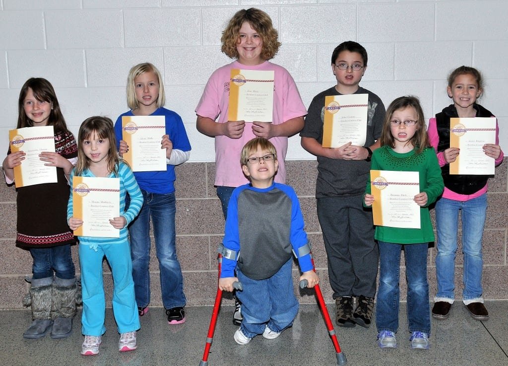 BOMBER COURTESY CLUB … Students at Edon Northwest Local Schools selected for membership into the Bomber Courtesy Club for January 2013 were front row, from left, Megan Matthews, Elliott Mohre, Brianna Fitch and back row, Anastasha Owens, Alexis Dulle, Zoe Maier, John Cooper and Avrey Degryse. Not pictured ~ Collan Vollmar. Each student received a special certificate and coupons good for a cookie and ice cream treat from the school cafeteria.