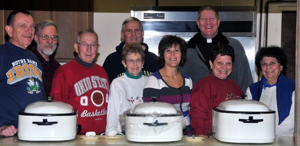 COMMUNITY FREE MEAL … Congregations from the Edon Area Ministerial Association invite local residents and their families to join them Tuesday, January 29 in Edon for the first monthly Community Meal of 2013. Make plans now to stop by Florence Township Fire Hall between 5:00 p.m. and 7:00 p.m. for an evening filled with great fun, food and fellowship. November’s hosts from St. Joseph Catholic Church ~ Clete Radabaugh, Rev. Fred Duschl, Lyle Brigle, Ray Hurd, Angela Brigle, Jackie Imm, Rev. David Cirata, pastor; Mary Lou Radabaugh and Mary Mohre (from left) ~ hope to see you there!