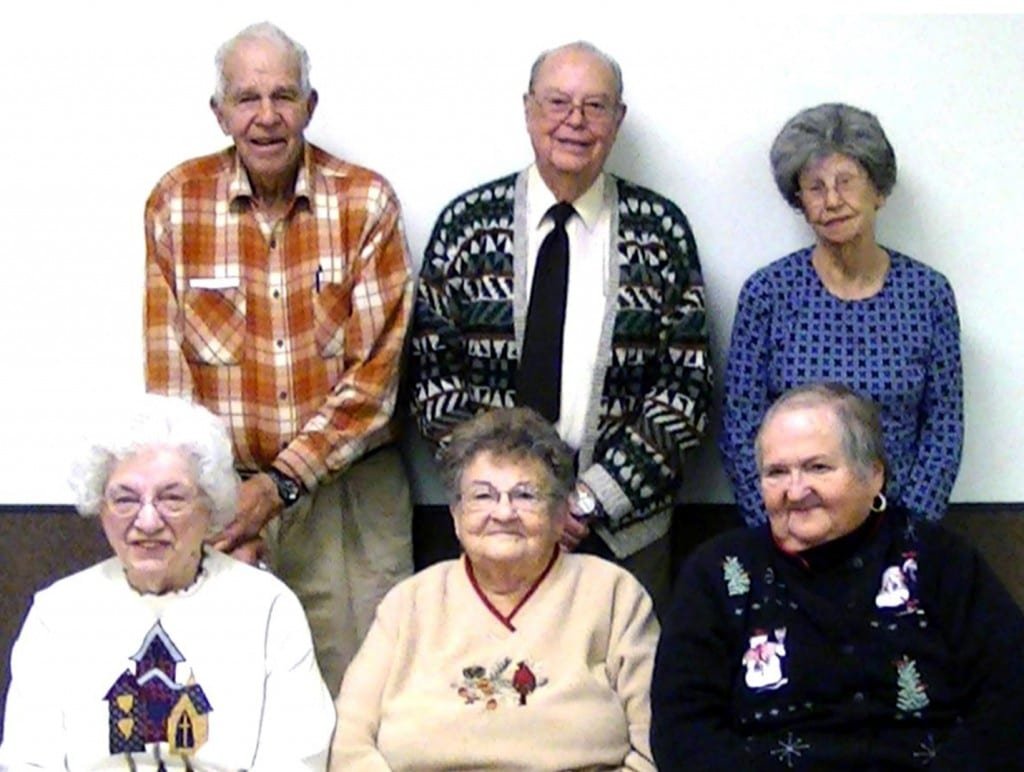 BIRTHDAYS ... The West Unity Senior Center held its monthly birthday celebration Friday January 11. Celebrating birthdays are, from left, (front row) Betty Renard, Helen Wheeler, Ruth Smethurst, (back row) Lou Mollett, Pastor Joe Redmond, and Louise Anderson.
