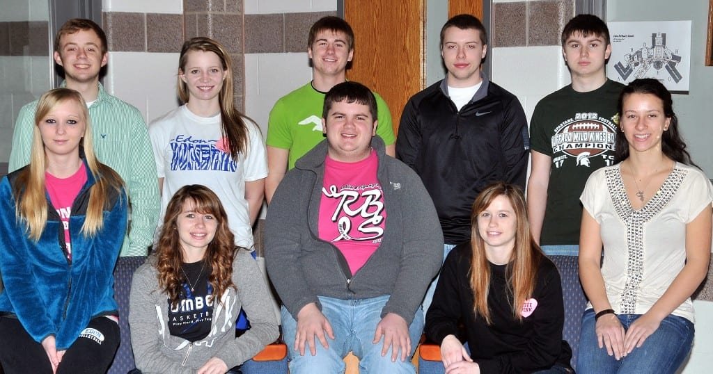 TEAM BETA … Comprising Edon High School’s 2013 Mock Trial Team Beta are seniors, seated from left, Sabrina White, Kennedy Brigle, David Headley, Kaylyn Brigle, Abby Hill, and standing, from left, Clay Parrish, Mihkaya Best, Reid Bowling, Justin Kirkpatrick and Kyle Gearhart.