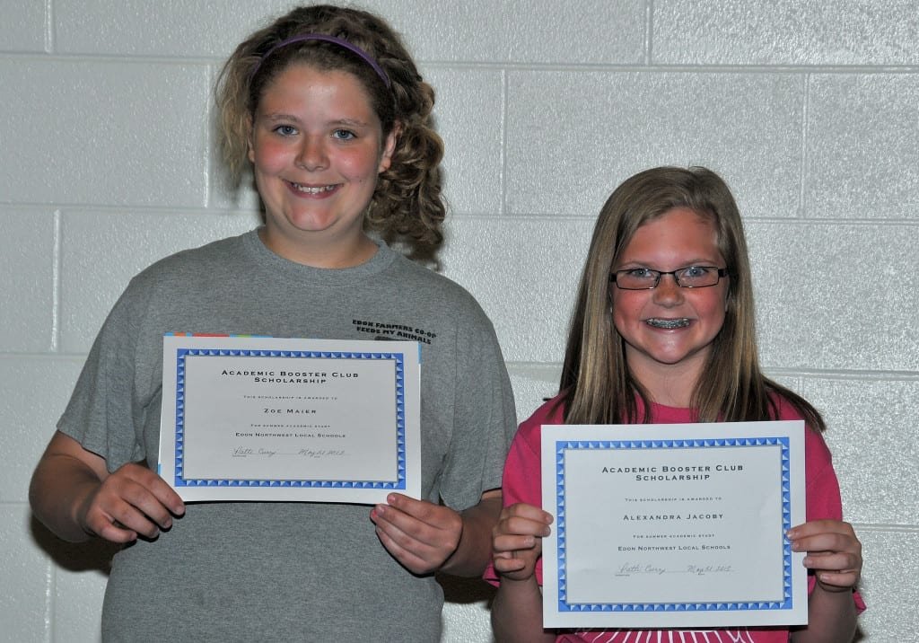 ELEMENTARY SUMMER SCHOLARSHIPS … Since 2008, the Academic Booster Club at Edon Northwest Local Schools has awarded Summer Opportunity Scholarships to applicants in grades K-12 attending additional learning programs over summer break. During the recent Elementary Awards Day assembly, Zoe Maier and Alex Jacoby (from left) were announced as this year’s recipients. Both will attend the Honors Academy sponsored by Northwest Ohio Education Service Center (NWOESC) at Defiance City Schools June 10-14, 2013.