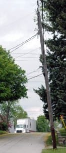 IN REPAIR ... This pole, located on S. Liberty Street and which has begun to lean over the street is scheduled to be replaced soon.