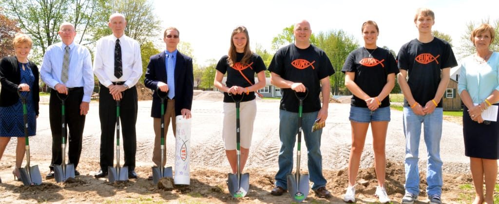 FAYETTE CHURCH GROUNDBREAKING ... Reverend Marla Brown, Facilities Chair Max Snow, Building Committee Chair Jim Fruchey, Board Chair Kirk Keiser, Reverend Kathy Currier, and F.U.M.Y. representative Melani Seiler break ground on the new Fayette United Methodist Church Family Center.