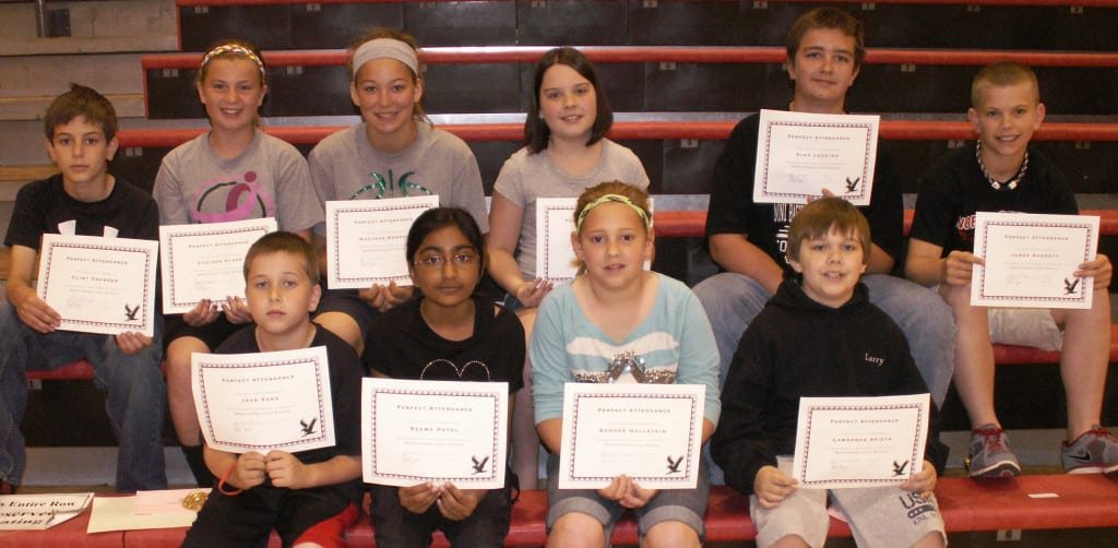 Perfect Attendance Grades 4-6: Row 1 – Jack Zenz, Reema Patel, Kendee Hollstein, Larry Spieth Row 2 – Clint Oxender, Addison Elser, Madyson Bonney, Emilie Eustace, Alex Lehsten, Jay Garrett