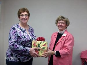 GUEST SPEAKER ... Bev Shaver, left, from Alternative Pathways Therapeutic Massage in Bryan, served as guest speaker for the regular meeting Monday, Nov. 11th of CHWC-Montpelier Hospital Auxiliary. She is pictured with Armeda Sawmiller, program committee member, who presented her with an appreciation gift. Ms. Shaver was the guest of Ruth Smethurst who was unable to be present that day.