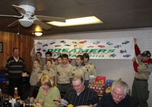 BIG THANKS TO DREAMERS C.C. ... Justin Freestone Scribe from Troop #8 presents a Thank You to President Duane McLaughlin from Dreamers Car and Truck Club during the clubs Christmas party.