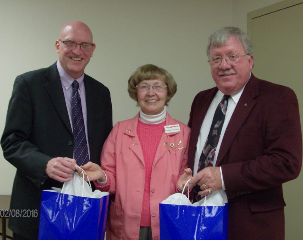 Montpelier Area Foundation was the topic for the Feb. 8th meeting of CHWC-Montpelier Hospital Auxiliary in the hospital conference room. Guest speakers were Jim Thompson, right, president of the Montpelier Area Foundation, and Jack Brace, left, representing Bryan Area Foundation. They are pictured receiving appreciation gifts on behalf of the auxiliary from Armeda Sawmiller, center, Auxiliary Vice President and program committee member.