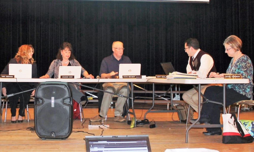 School Board Members (L to R) Chris Nijakowski, David Smith, Kris Oberheim, Shannon Crow (Vice President), Steve Brehmer (President), Jeff Schlade (Superintendent), Joyce Kinsman (Treasurer) weigh the pros and cons of closing a deteriorating middle school.